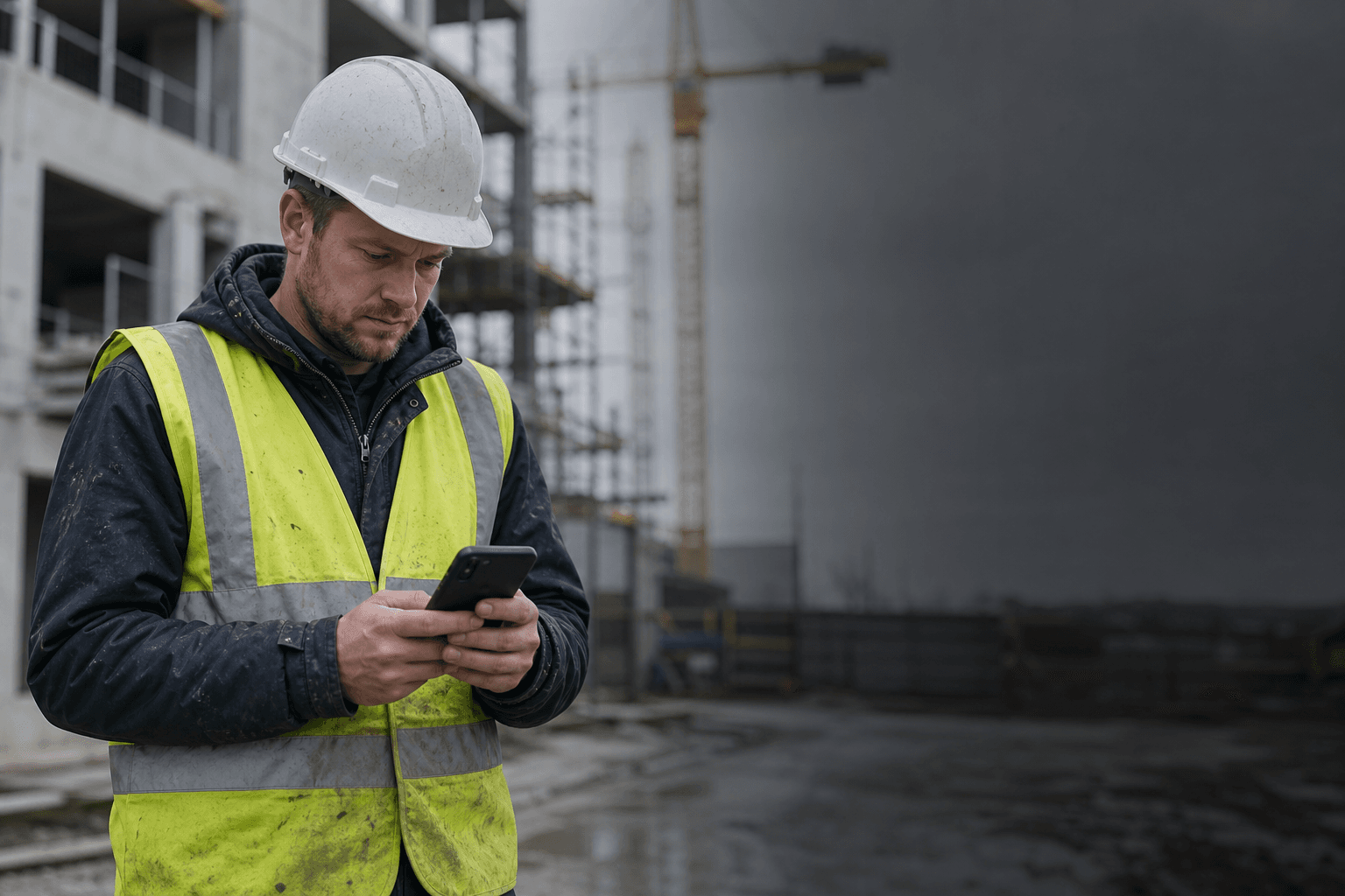 Pracownik budowy w kasku i kamizelce odblaskowej uczy się na telefonie